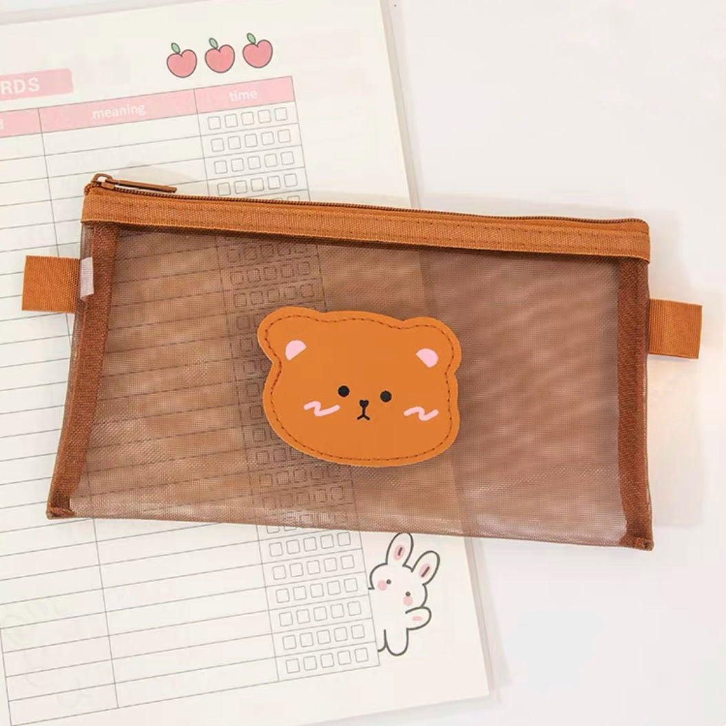 Cute Kawaii Teddy Bear Transparent Mesh Pencil Case