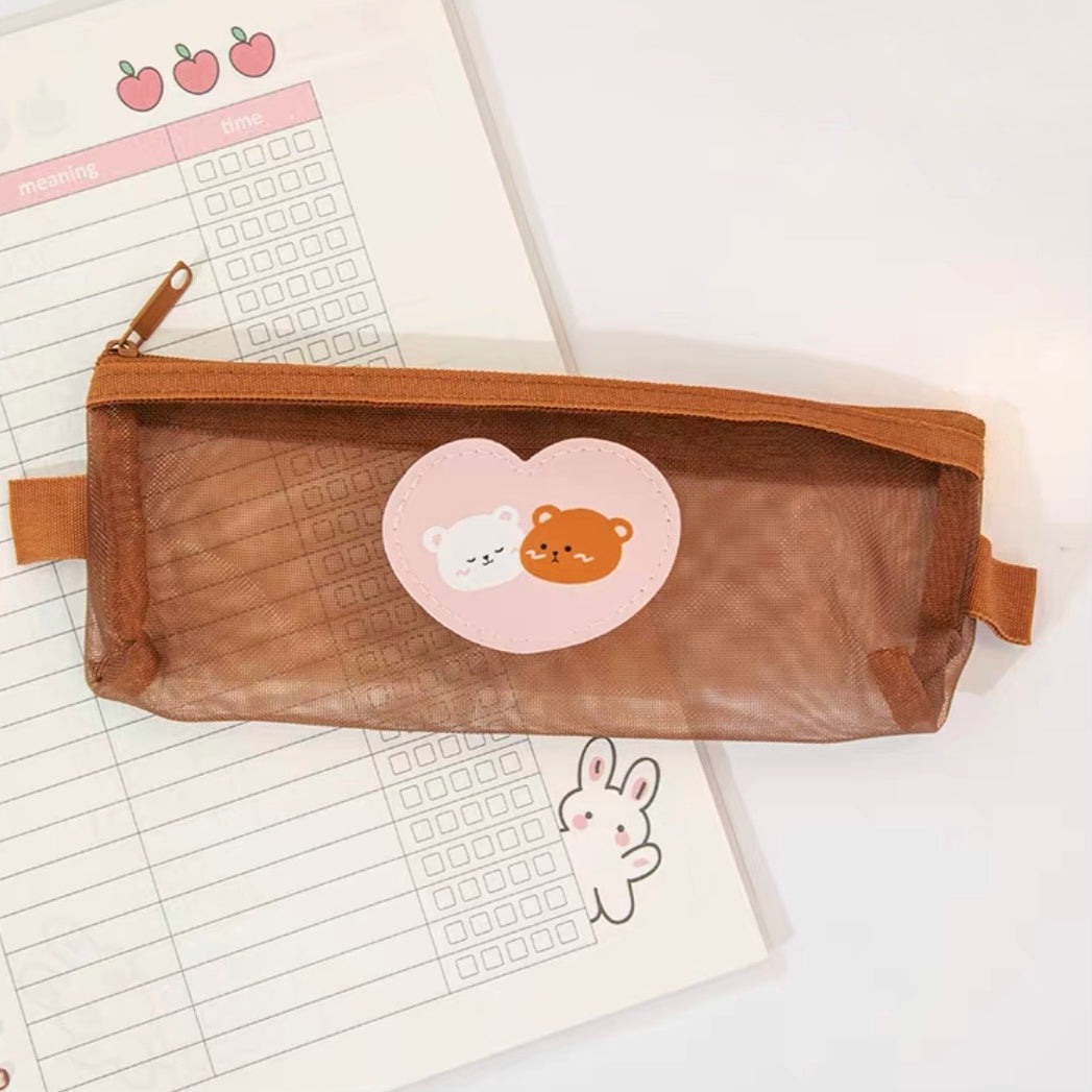 Cute Kawaii Teddy Bear Transparent Mesh Pencil Case