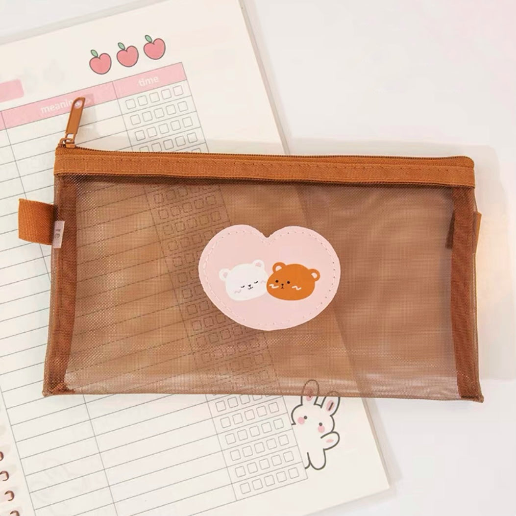 Cute Kawaii Teddy Bear Transparent Mesh Pencil Case