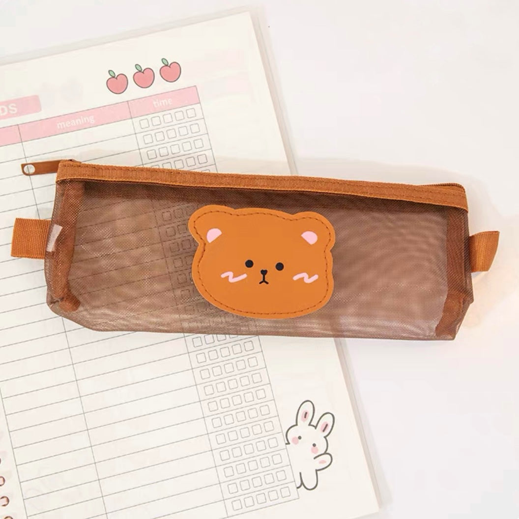 Cute Kawaii Teddy Bear Transparent Mesh Pencil Case