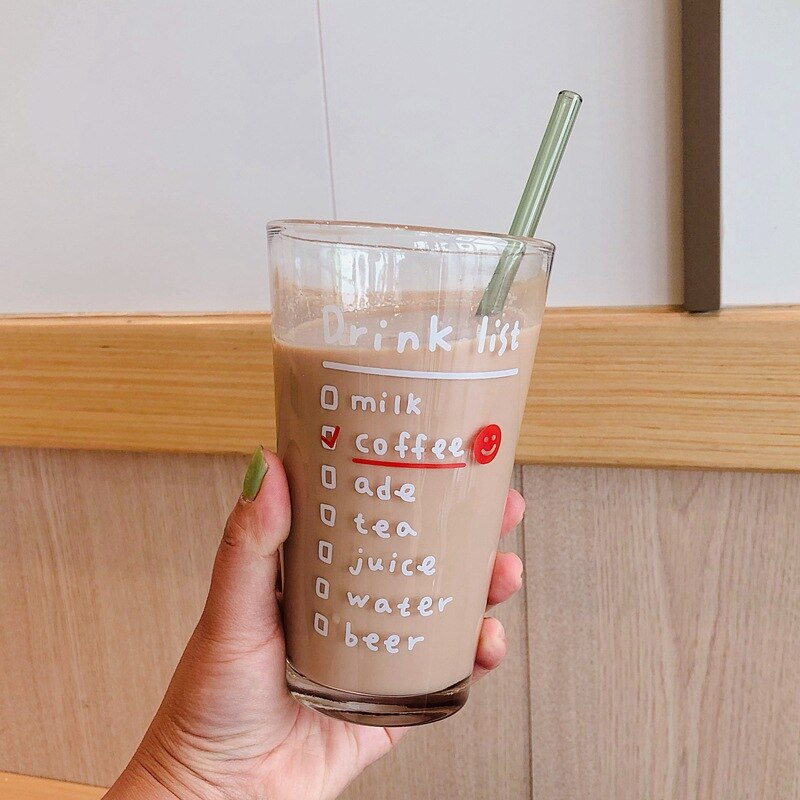 Cute Korean Style Coffee Letters Check List Transparent Glass Cup with Lid