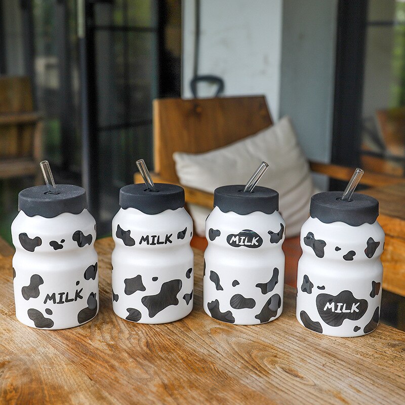 Cute Korean Style Cow Pattern Ceramic Water Bottle with Straw