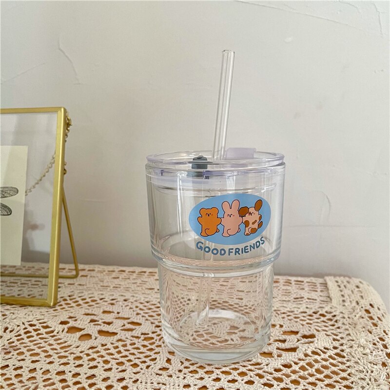Cute Kawaii Bear Cartoon Water Glass Cup with Straw & Lid