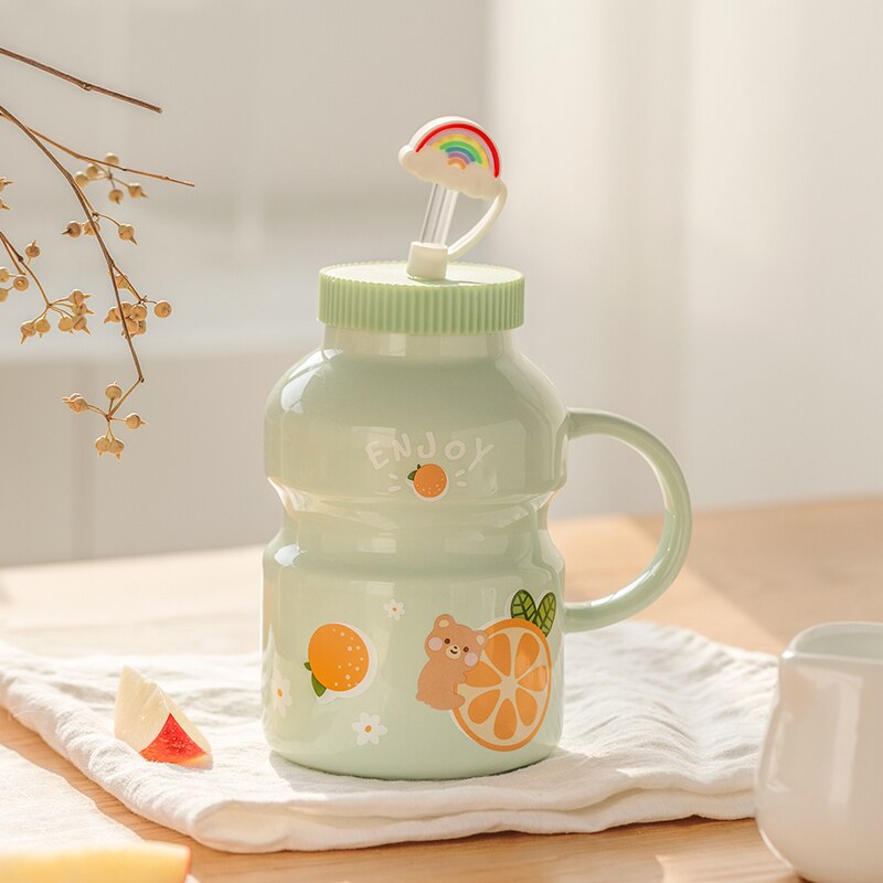 Cute Ceramic Yogurt Drink Mini Fruits Mug Cup with Straw