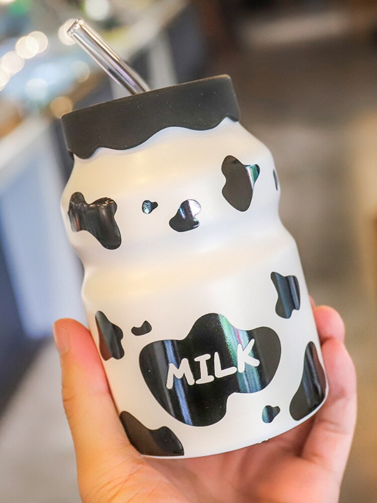 Cute Korean Style Cow Pattern Ceramic Water Bottle with Straw