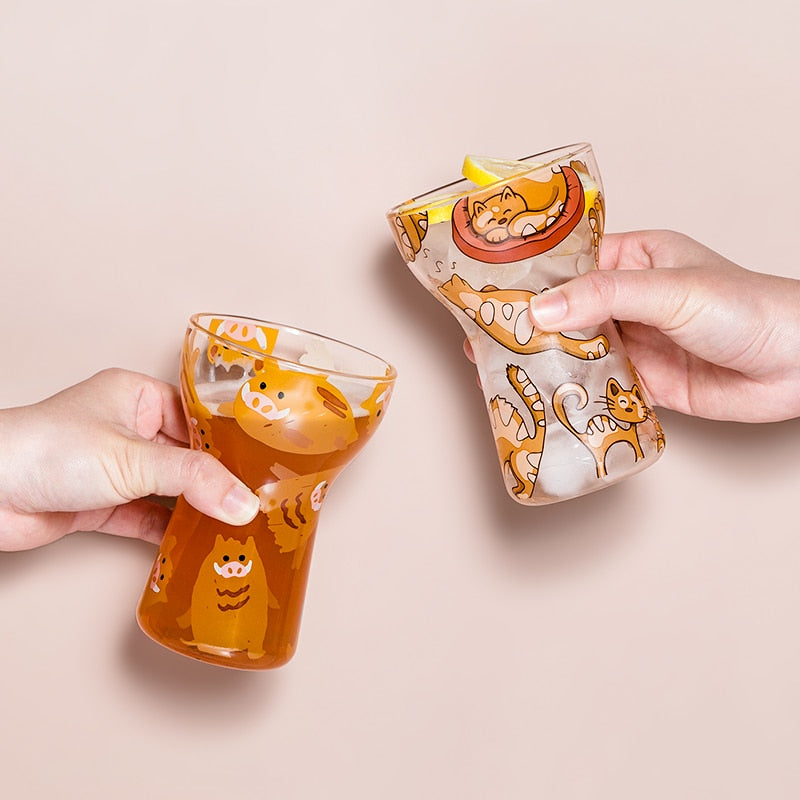 Cute Cat & Piggy Print Transparent Glass Cup