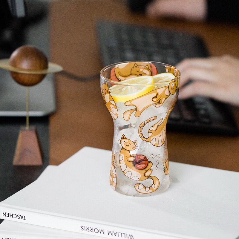 Cute Cat & Piggy Print Transparent Glass Cup