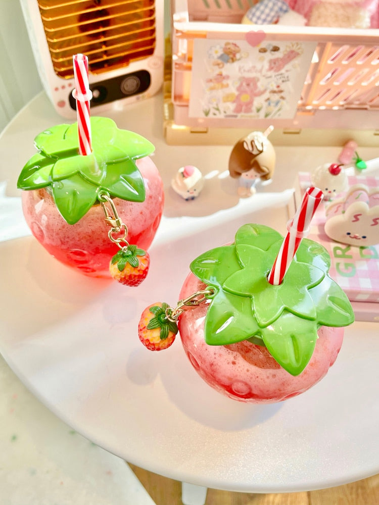 Cute Lovely Summer Strawberry Water Bottle Cup with Straw