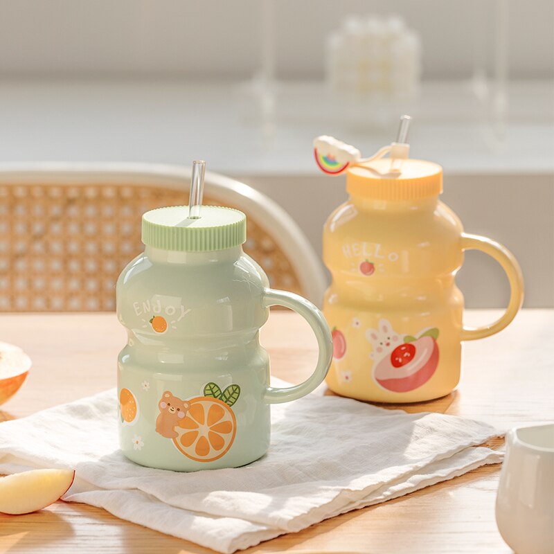 Cute Ceramic Yogurt Drink Mini Fruits Mug Cup with Straw