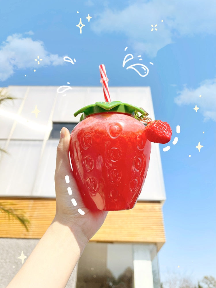 Cute Lovely Summer Strawberry Water Bottle Cup with Straw