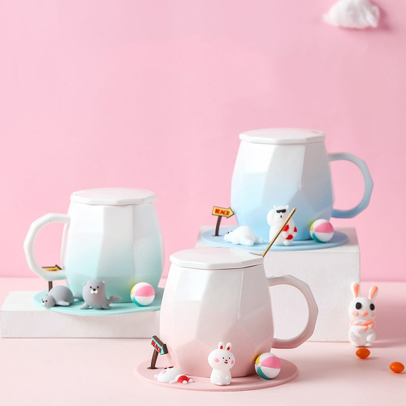 Cute Mini Animals Pastel Gradient Ceramic Office Mug with Lid