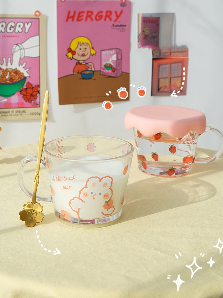 Cute Strawberry and Bunny Transparent Breakfast Cereal Glass Cup