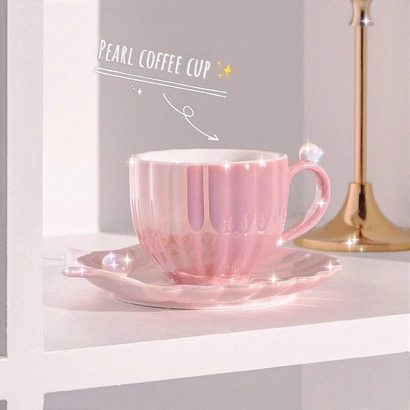 Cute Mermaid Style Pearl Shell Ceramic Tea Cup with Plate