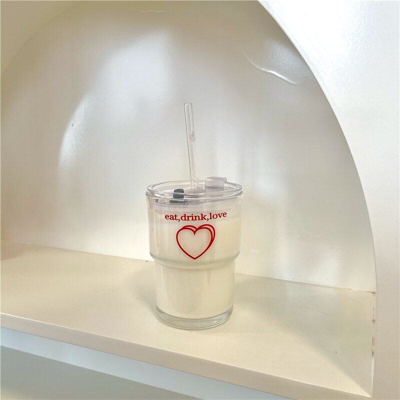 Cute 'Eat, Drink, Love' Printed Korea Style Transparent Coffee Mug with Lid