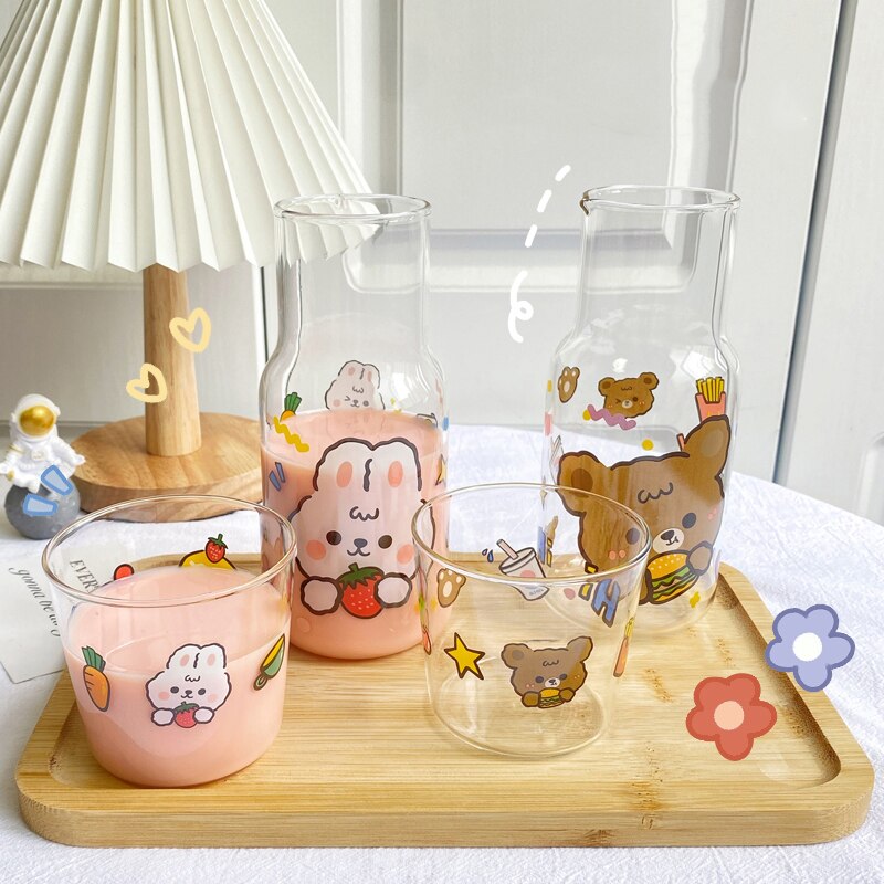 Kawaii Bear and Bunny Transparent Jug with Glass Cup