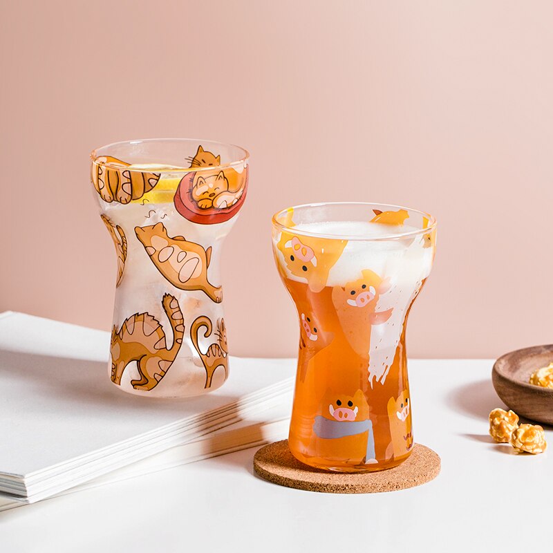 Cute Cat & Piggy Print Transparent Glass Cup