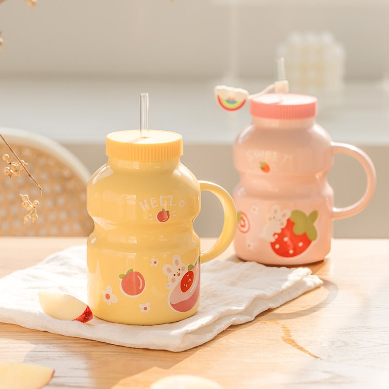 Cute Ceramic Yogurt Drink Mini Fruits Mug Cup with Straw