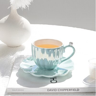 Cute Mermaid Style Pearl Shell Ceramic Tea Cup with Plate