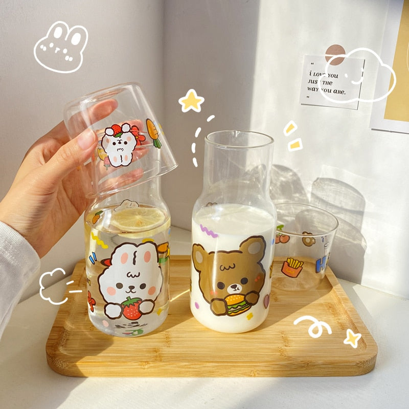 Kawaii Bear and Bunny Transparent Jug with Glass Cup