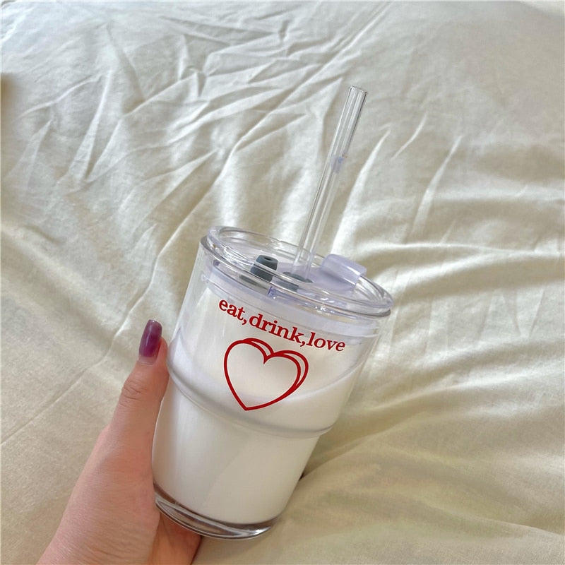 Cute 'Eat, Drink, Love' Printed Korea Style Transparent Coffee Mug with Lid