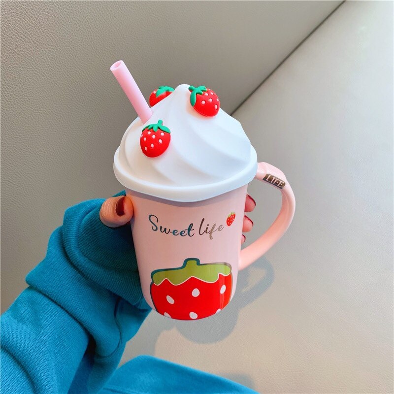 Cute Pink Strawberry Milkshake Ceramic Water Mug with Lid
