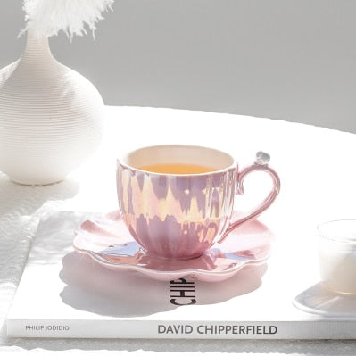 Cute Mermaid Style Pearl Shell Ceramic Tea Cup with Plate