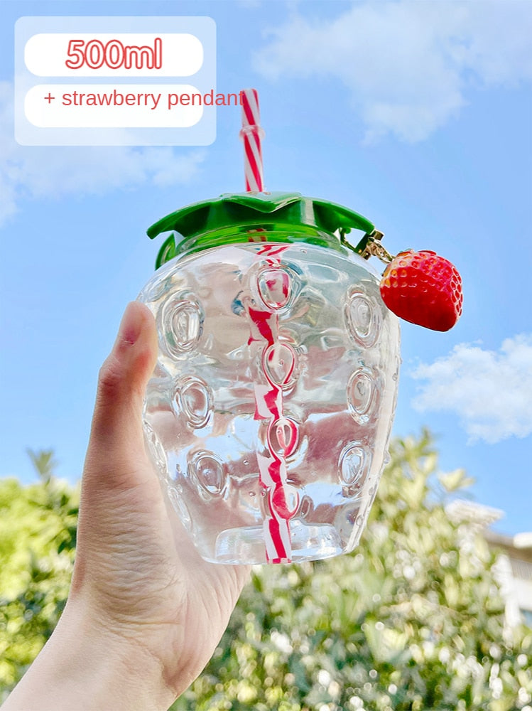 Cute Lovely Summer Strawberry Water Bottle Cup with Straw