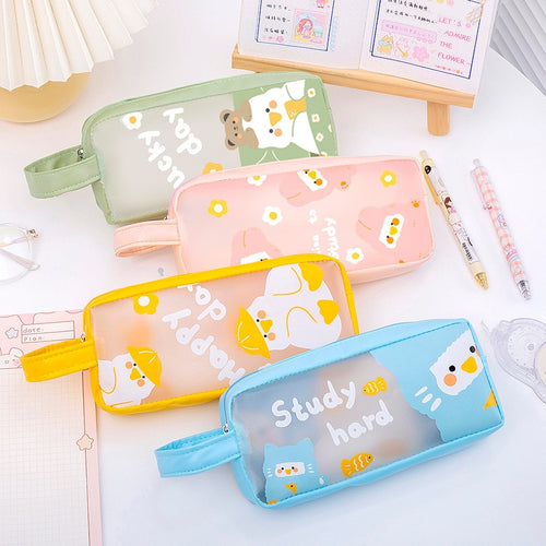 Kawaii Mesh Transparent Animal Print Pencil Case Pouch - Peachymart