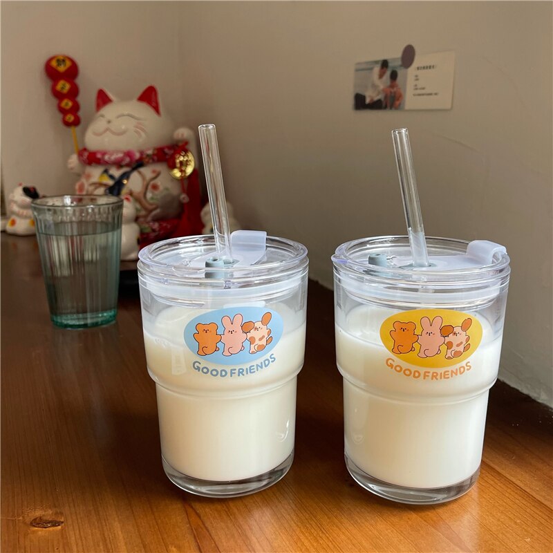 Cute Kawaii Bear Cartoon Water Glass Cup with Straw & Lid