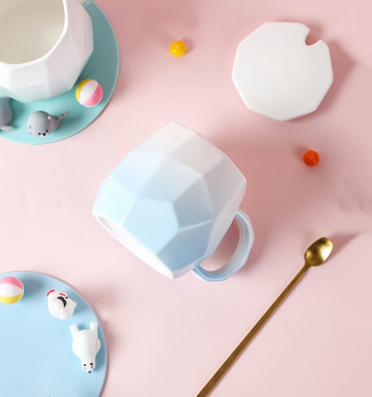 Cute Mini Animals Pastel Gradient Ceramic Office Mug with Lid