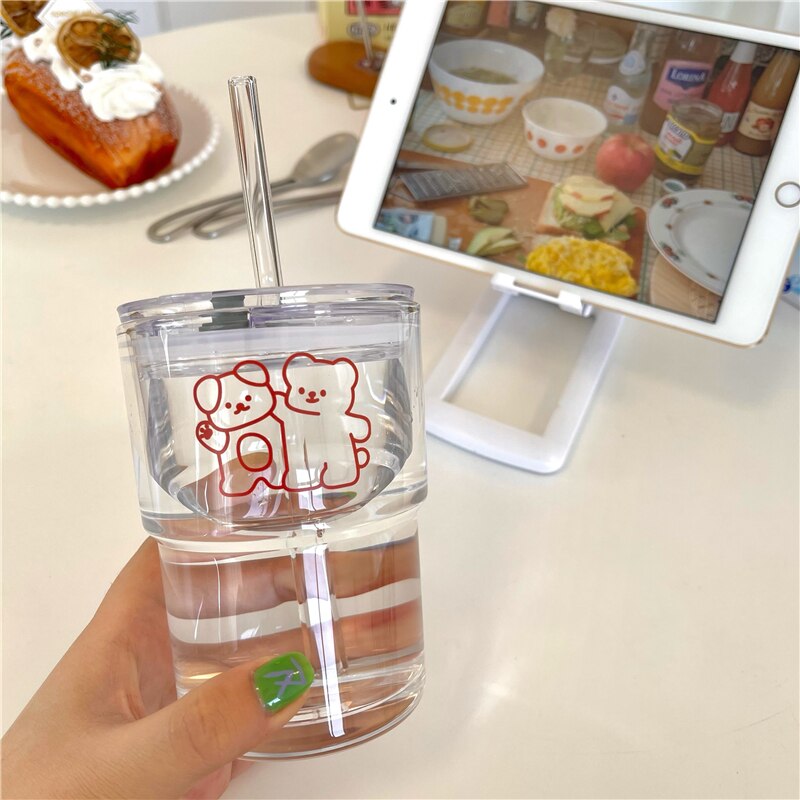Cute Kawaii Bear Cartoon Water Glass Cup with Straw & Lid
