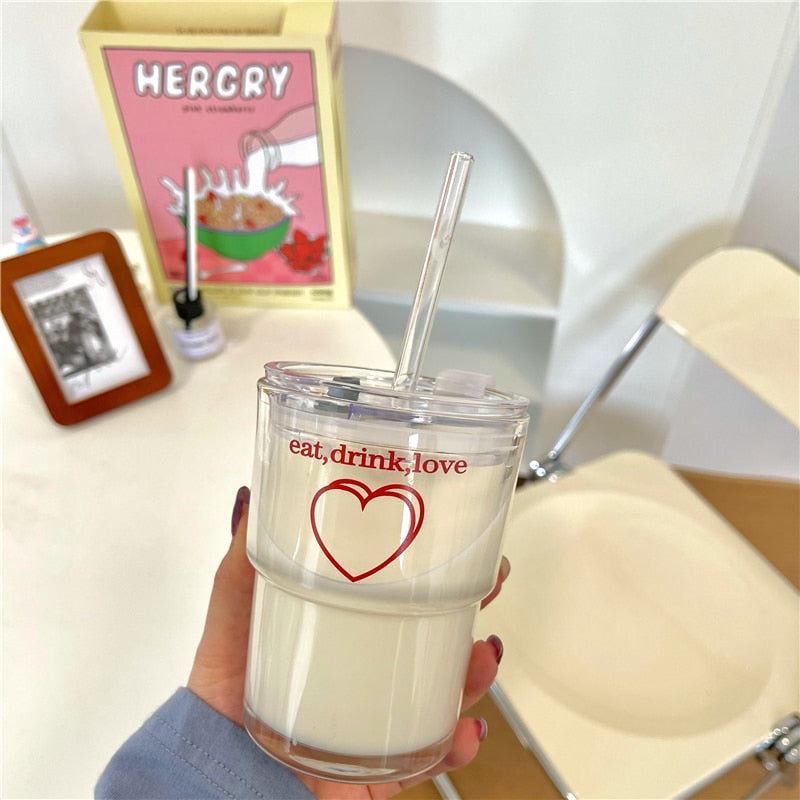 Cute Kawaii Bear Cartoon Water Glass Cup with Straw & Lid