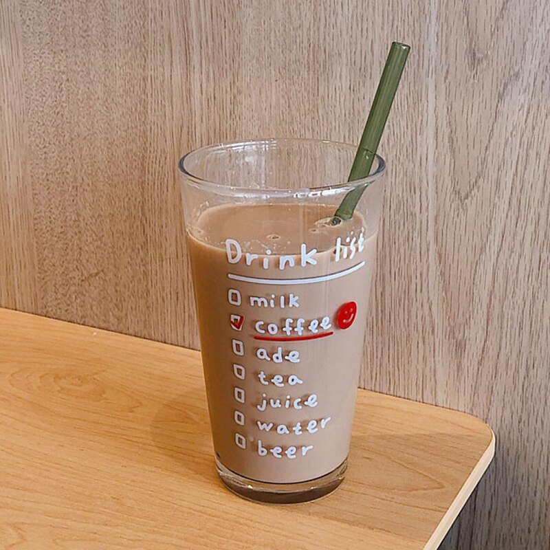 Cute Korean Style Coffee Letters Check List Transparent Glass Cup with Lid