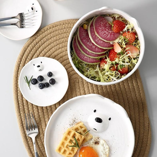 Kawaii Innocent Polar Bear Bowl and Plate Set for Fruits and Desserts - Peachymart