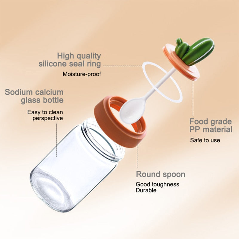 Cute Cactus Kitchen Organiser Condiments Jar with Spoon Set