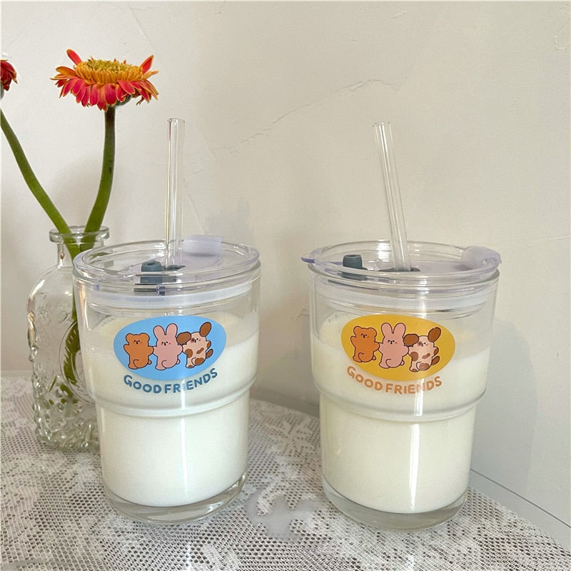 Cute Kawaii Bear Cartoon Water Glass Cup with Straw & Lid
