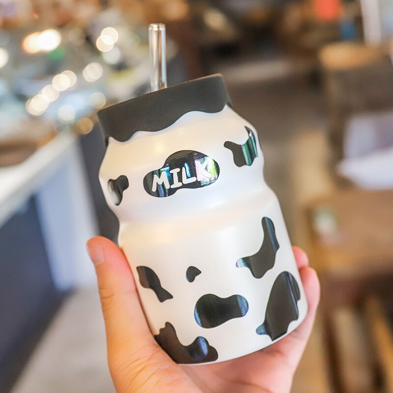 Cute Korean Style Cow Pattern Ceramic Water Bottle with Straw