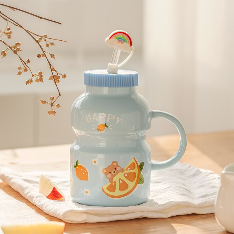 Cute Ceramic Yogurt Drink Mini Fruits Mug Cup with Straw