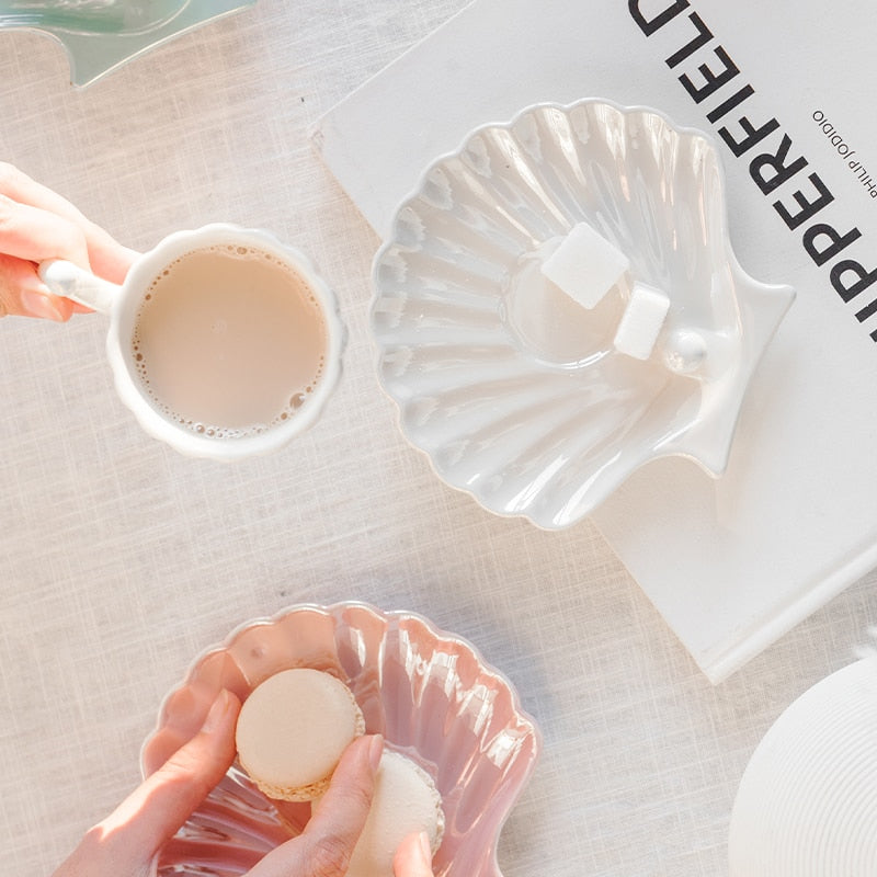 Cute Mermaid Style Pearl Shell Ceramic Tea Cup with Plate