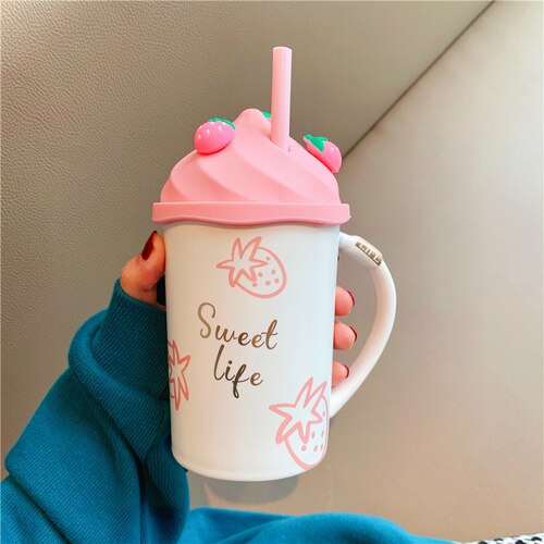 Cute Pink Strawberry Milkshake Ceramic Water Mug with Lid