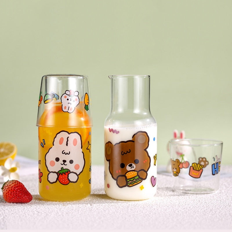 Kawaii Bear and Bunny Transparent Jug with Glass Cup
