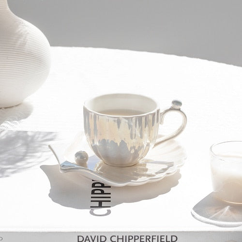 Cute Mermaid Style Pearl Shell Ceramic Tea Cup with Plate