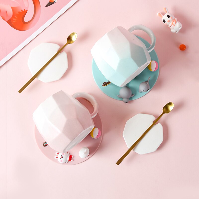 Cute Mini Animals Pastel Gradient Ceramic Office Mug with Lid