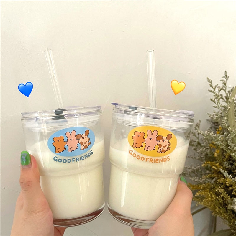 Cute Kawaii Bear Cartoon Water Glass Cup with Straw & Lid