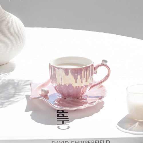 Cute Mermaid Style Pearl Shell Ceramic Tea Cup with Plate