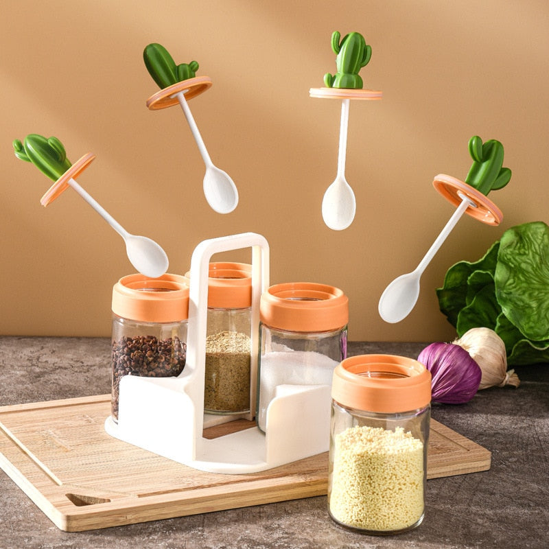 Cute Cactus Kitchen Organiser Condiments Jar with Spoon Set