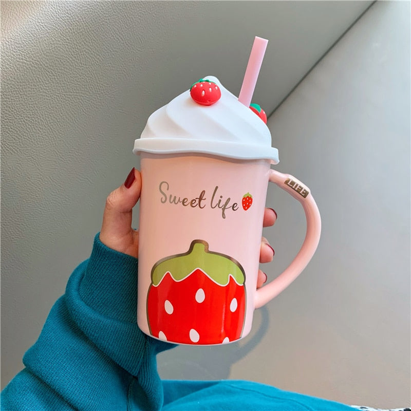 Cute Pink Strawberry Milkshake Ceramic Water Mug with Lid