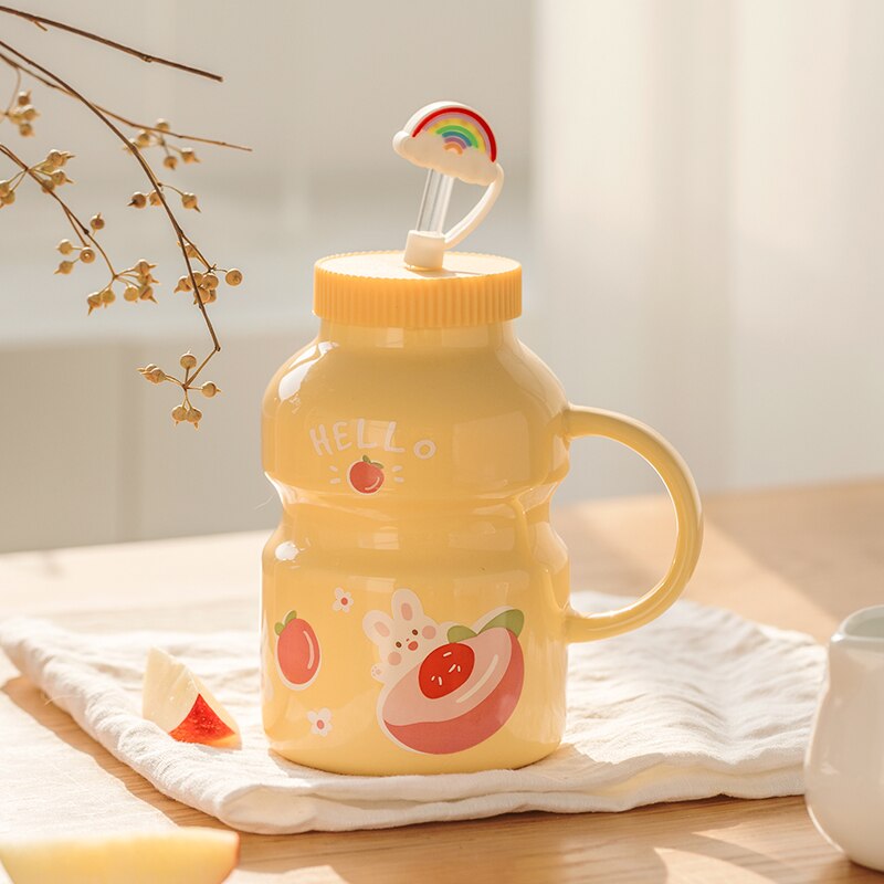 Cute Ceramic Yogurt Drink Mini Fruits Mug Cup with Straw