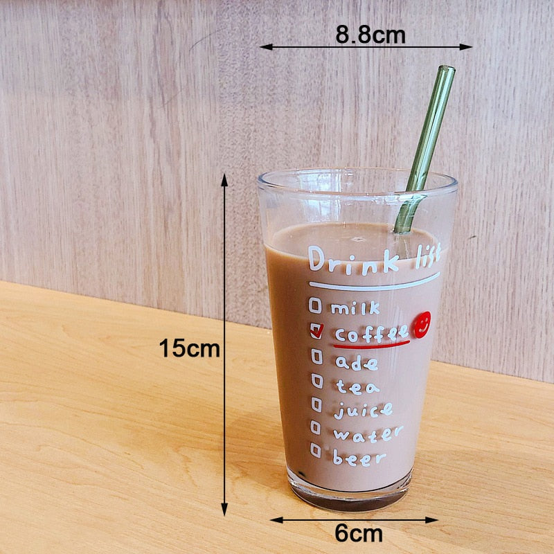 Cute Korean Style Coffee Letters Check List Transparent Glass Cup with Lid
