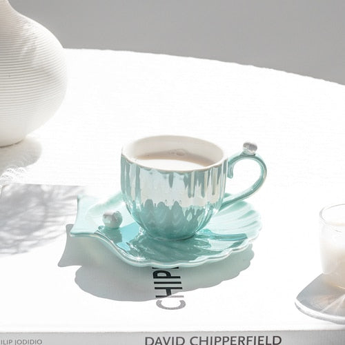 Cute Mermaid Style Pearl Shell Ceramic Tea Cup with Plate
